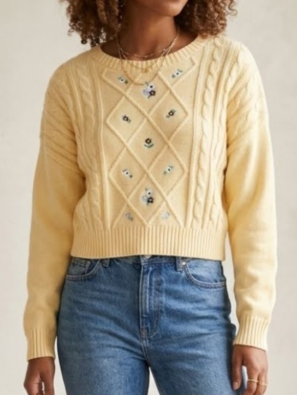 Forever 21 Yellow Cable Knit Floral Sweater